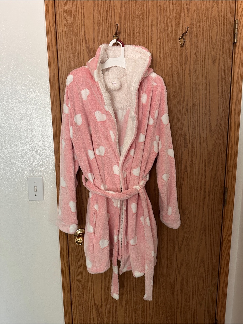 Pink Heart Plush Hooded Robe with Sherpa Lining